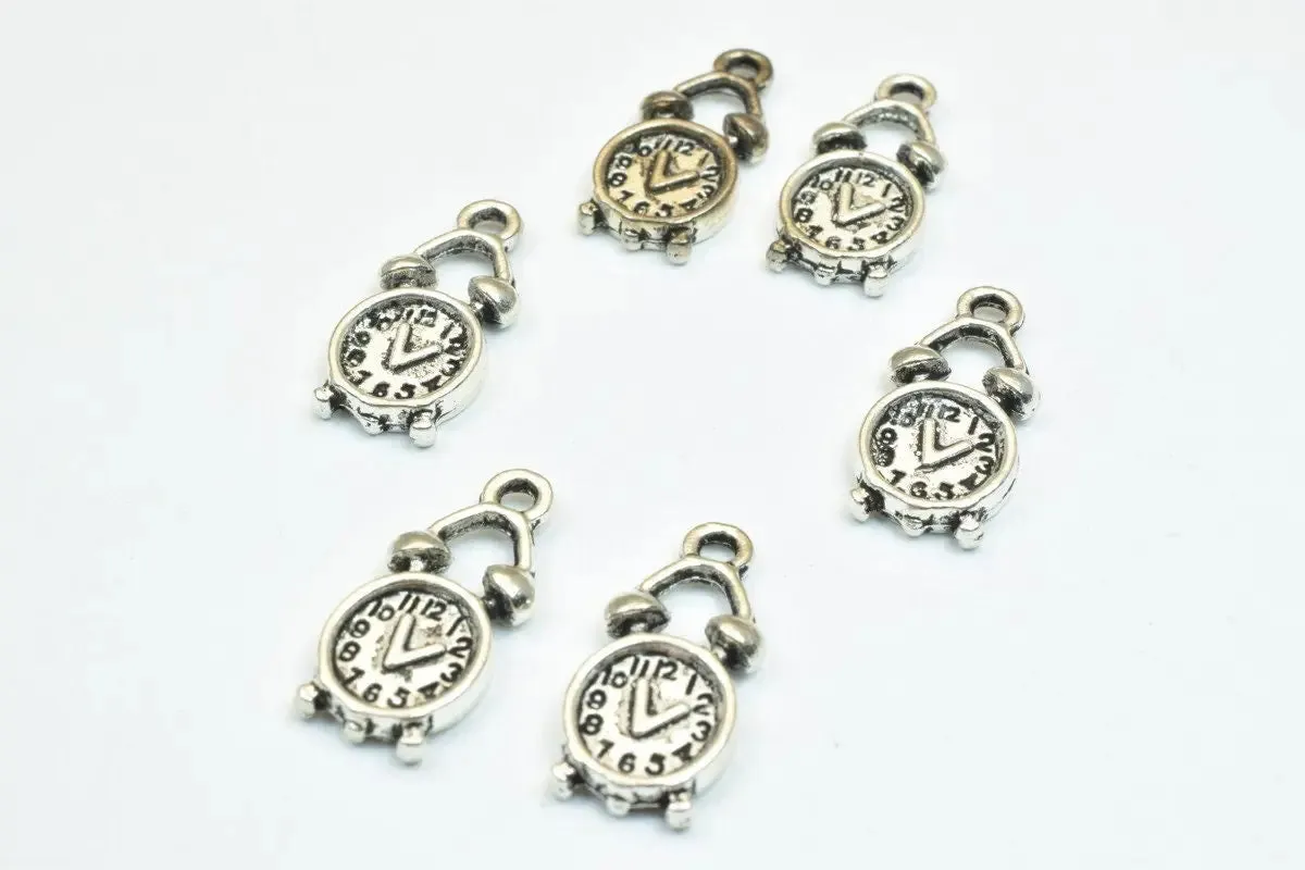 12 PCs Alarm Clock Watch Gold/Antique Silver/Antique Green Alloy Charm Beads Size 18.5x9mm Beads 1.5mm JumpRing Size for Jewelry Making