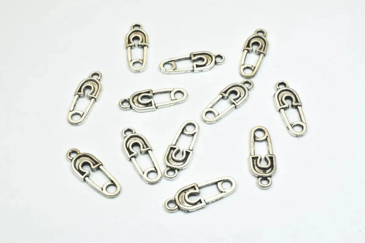 12PCs Safety Pin Pendant Alloy Charm Gold/Antique Green/Antique Silver Beads Size 19x7mm JumpRing 1.5mm Decorative Design Jewelry Making