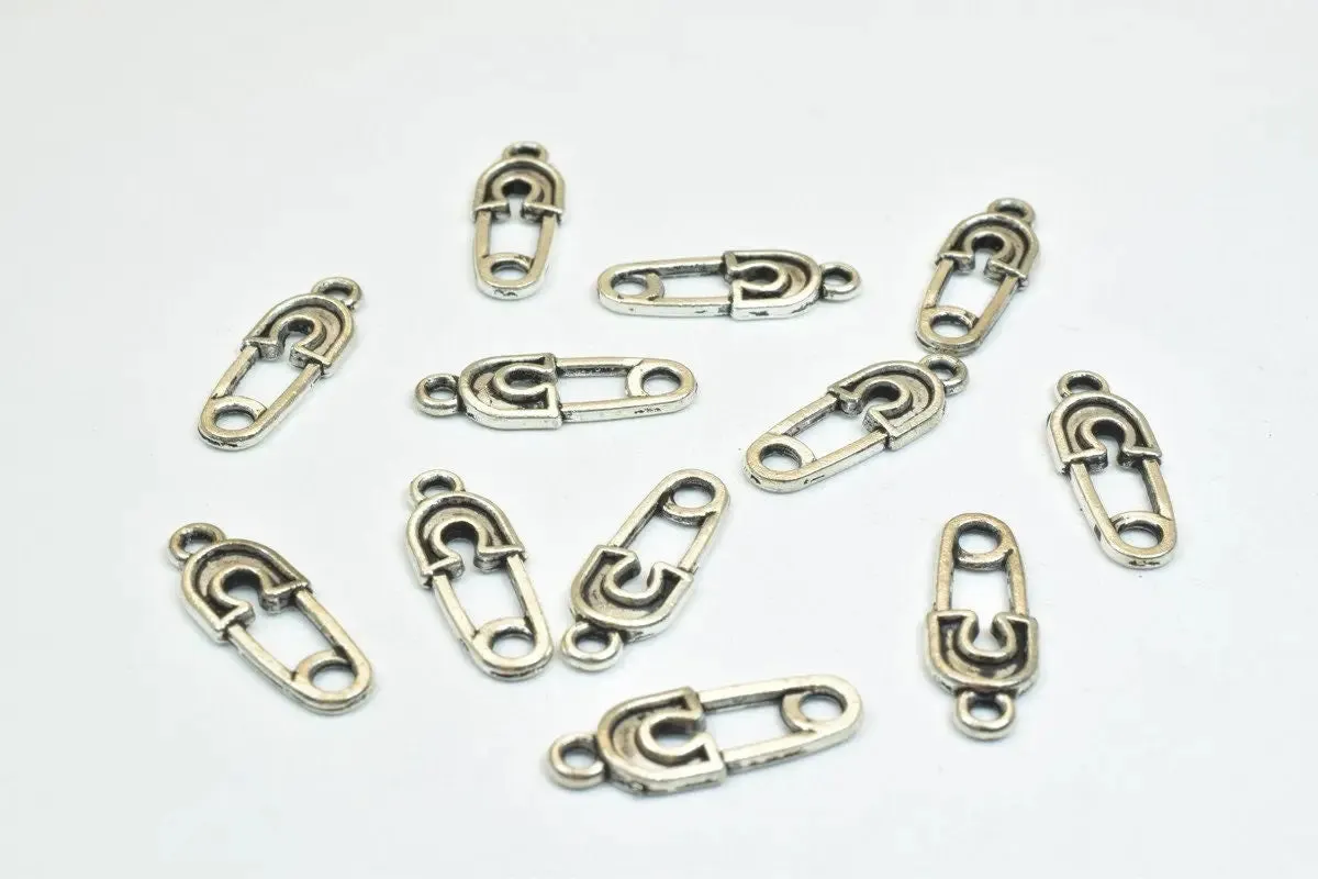 12PCs Safety Pin Pendant Alloy Charm Gold/Antique Green/Antique Silver Beads Size 19x7mm JumpRing 1.5mm Decorative Design Jewelry Making