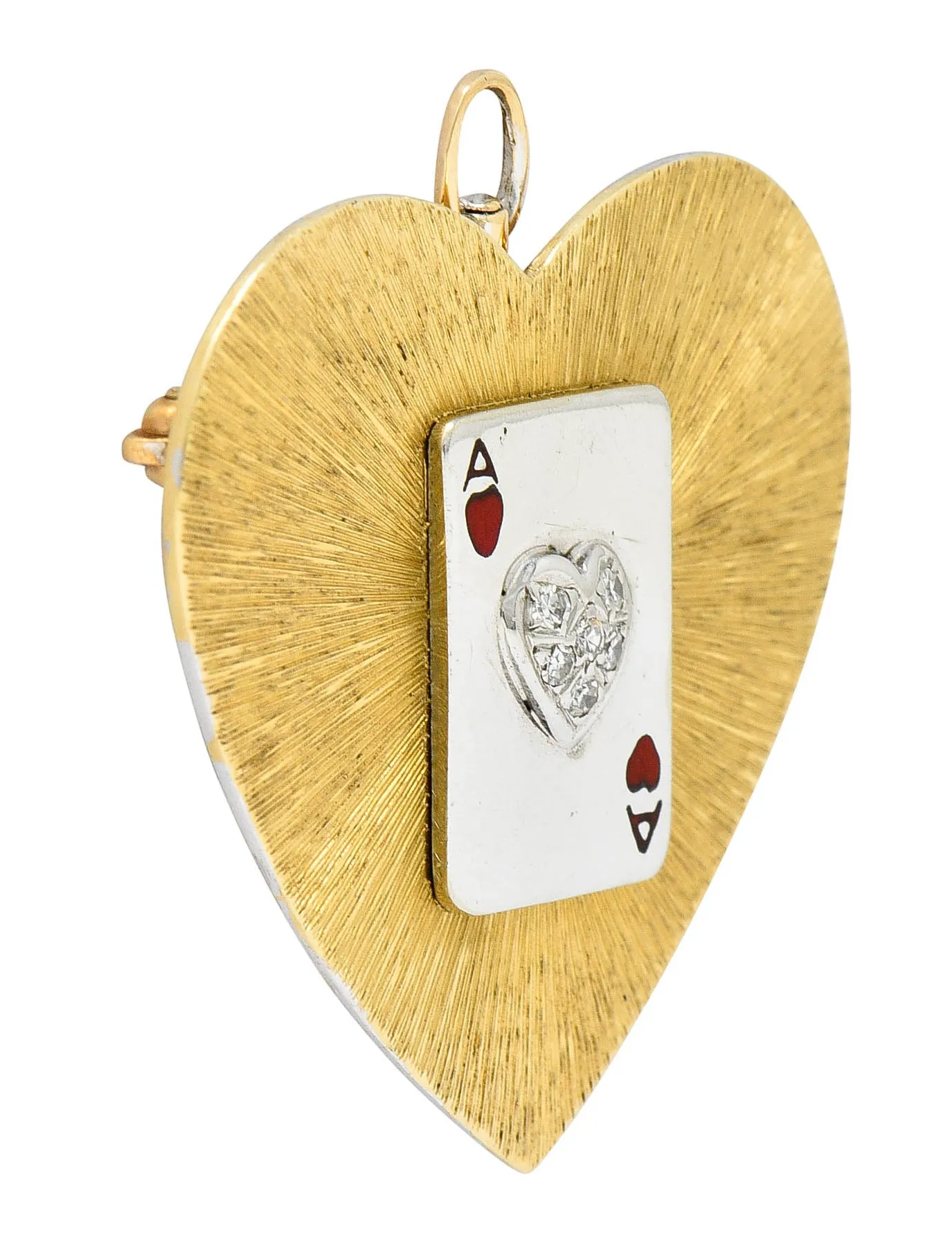 1950's Mid-Century Diamond Enamel Platinum 14 Karat Gold Heart Pendant Brooch