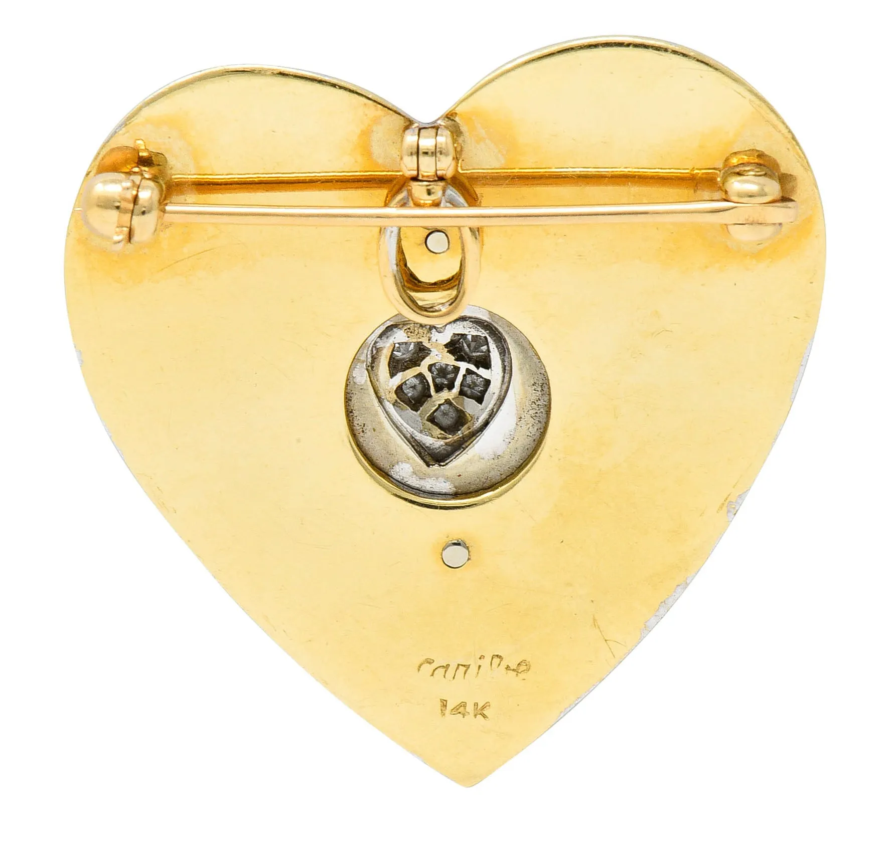 1950's Mid-Century Diamond Enamel Platinum 14 Karat Gold Heart Pendant Brooch