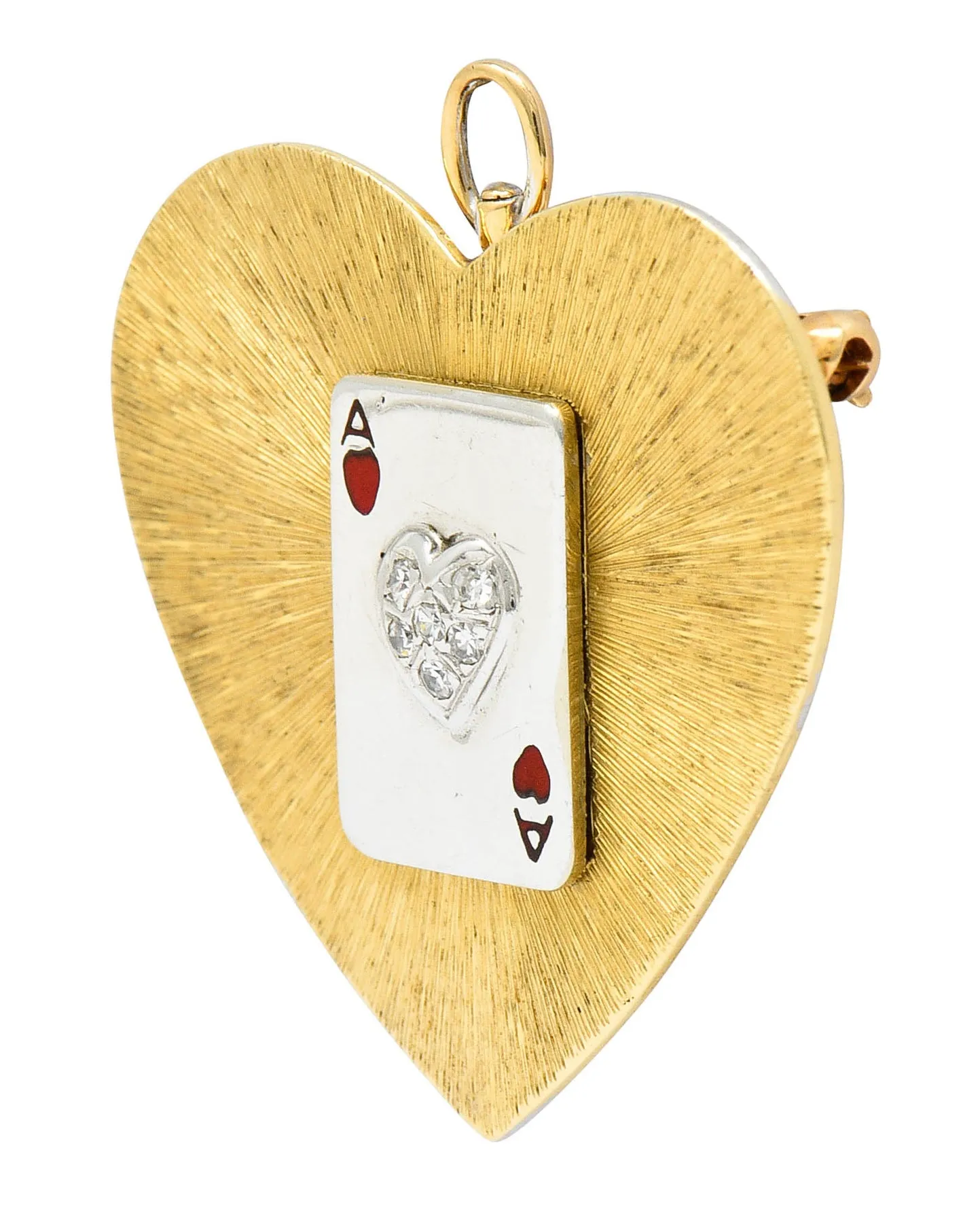 1950's Mid-Century Diamond Enamel Platinum 14 Karat Gold Heart Pendant Brooch