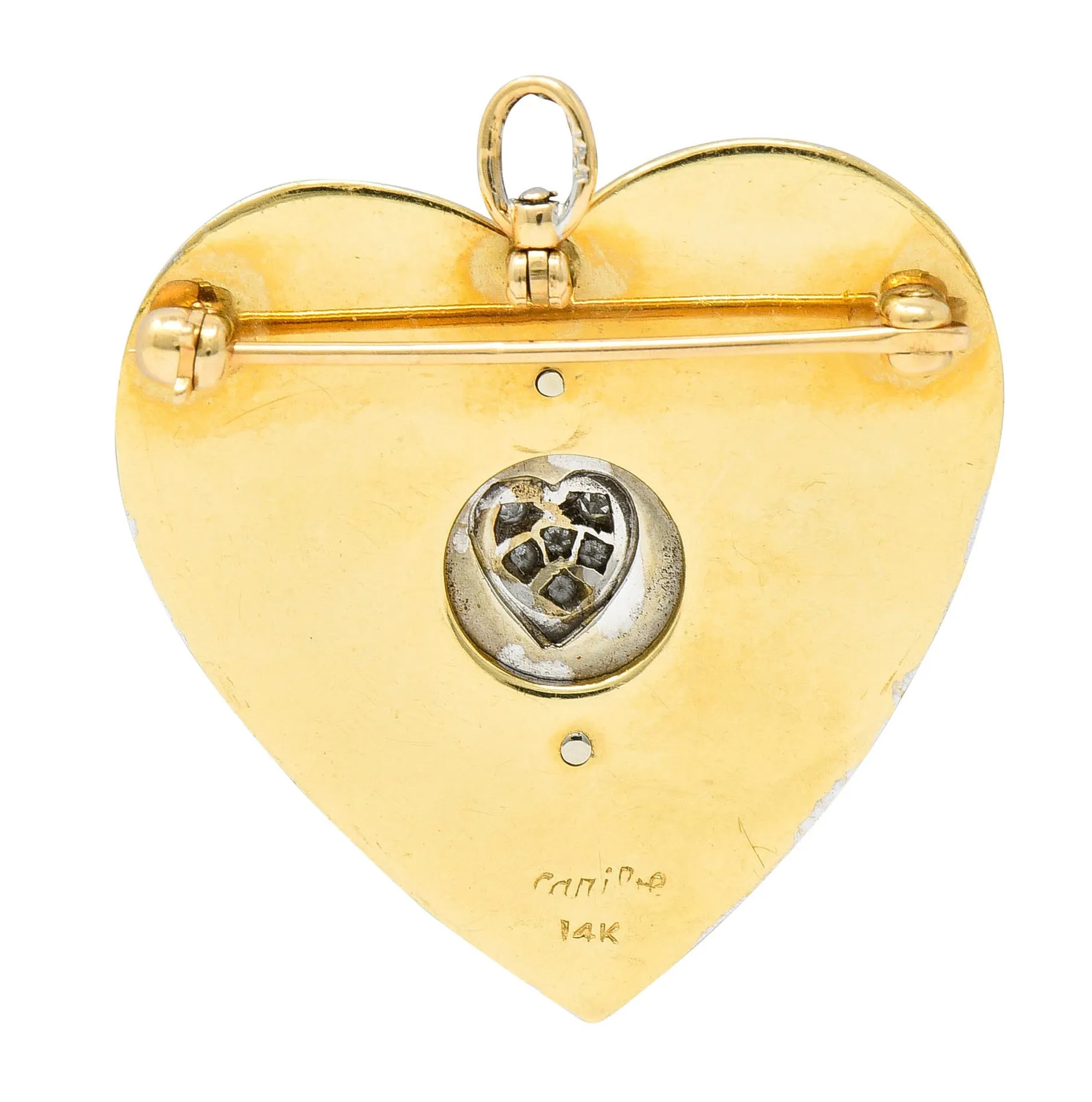 1950's Mid-Century Diamond Enamel Platinum 14 Karat Gold Heart Pendant Brooch