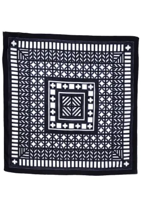 1970s Blue & White Square Cotton Scarf w/ Geometric Patterns