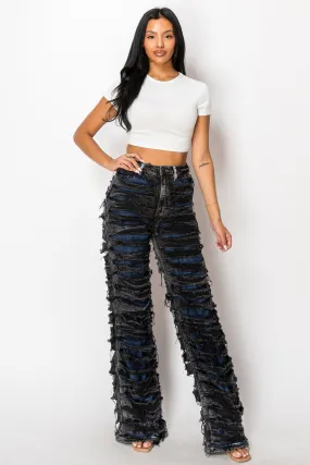 40810 High Rise Contrasting Layers W/ Outer Layer Fray Straight Leg Jeans