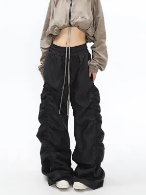 Adeline Solid Color Black Ruched Parachute Baggy Long Pants