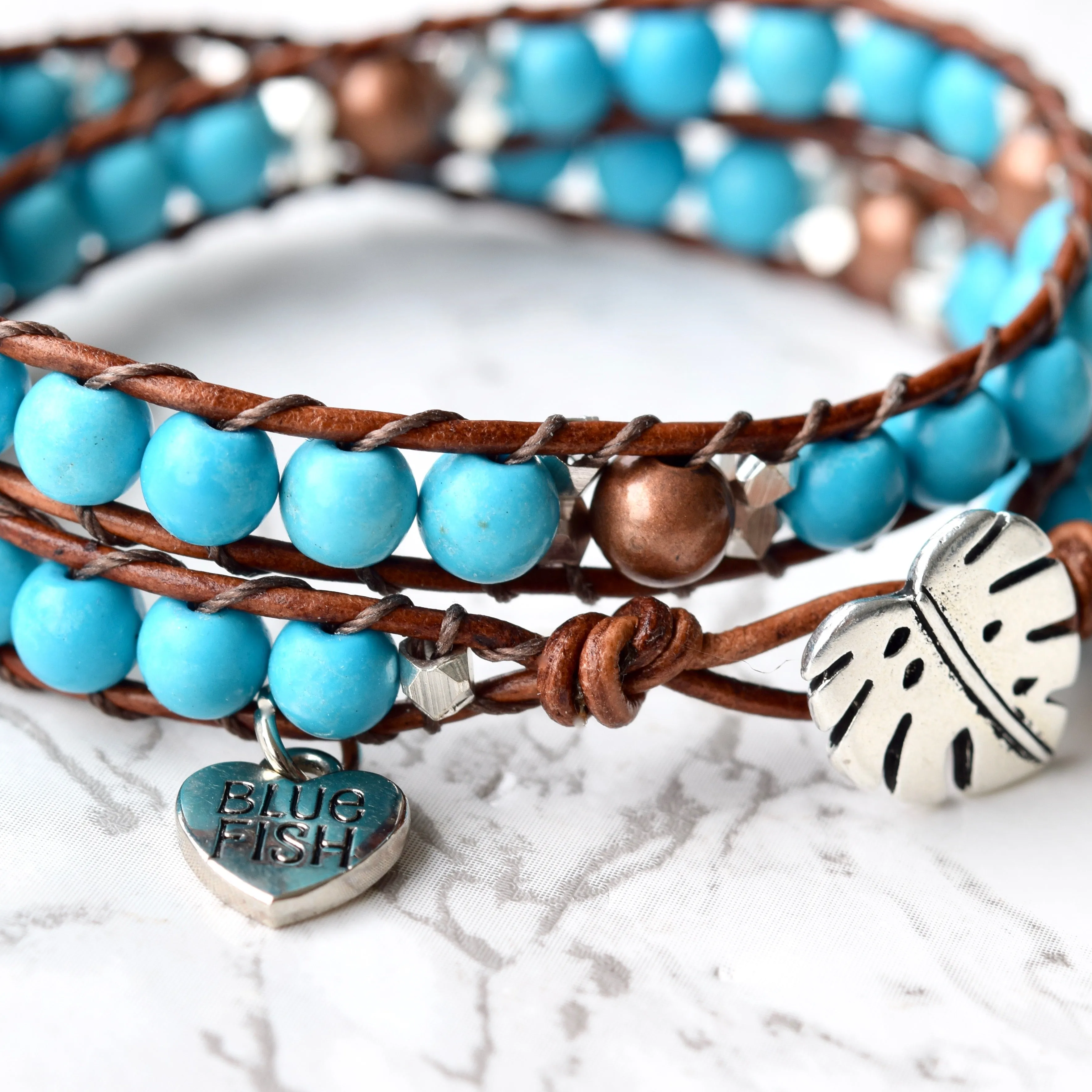 Beaded Turquoise Leather Wrap Bracelet With Monstera Button