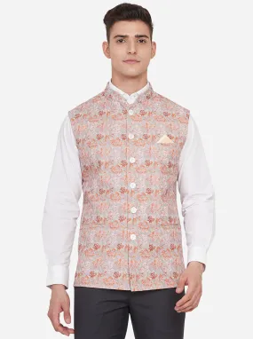 Beige & Orange Printed Regular Fit Bandhgala Jacket | JB Studio