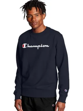 Champion Men's Powerblend Fleece Crew Script Logo Navy GF88H Y06794 NYC