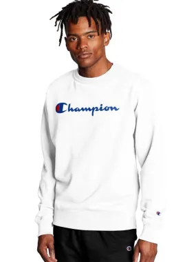 Champion Men's Powerblend Fleece Crew Script Logo White GF88H Y06794 WHC