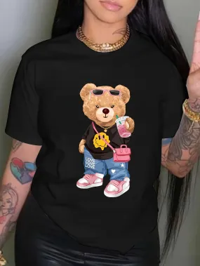 Cool Little Bear Print T-shirt Short Sleeve Crew Neck Casual Top for Summer & Spring Women's Clothing