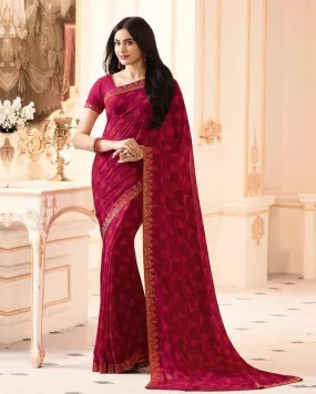 Dark Pink Colored Casual Wear Printed Georgette Saree