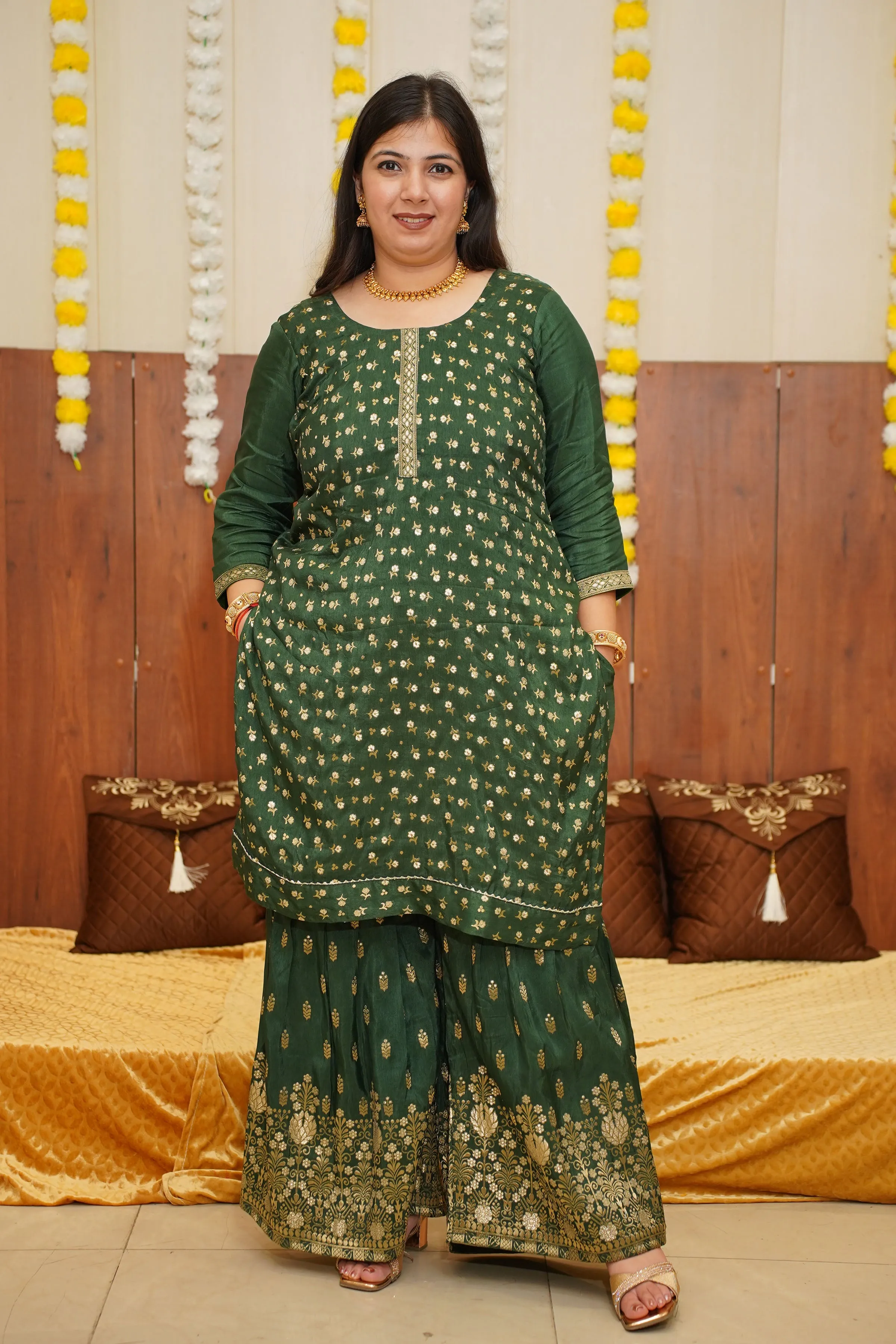 Deep Emerald Jacquard Sharara Suit