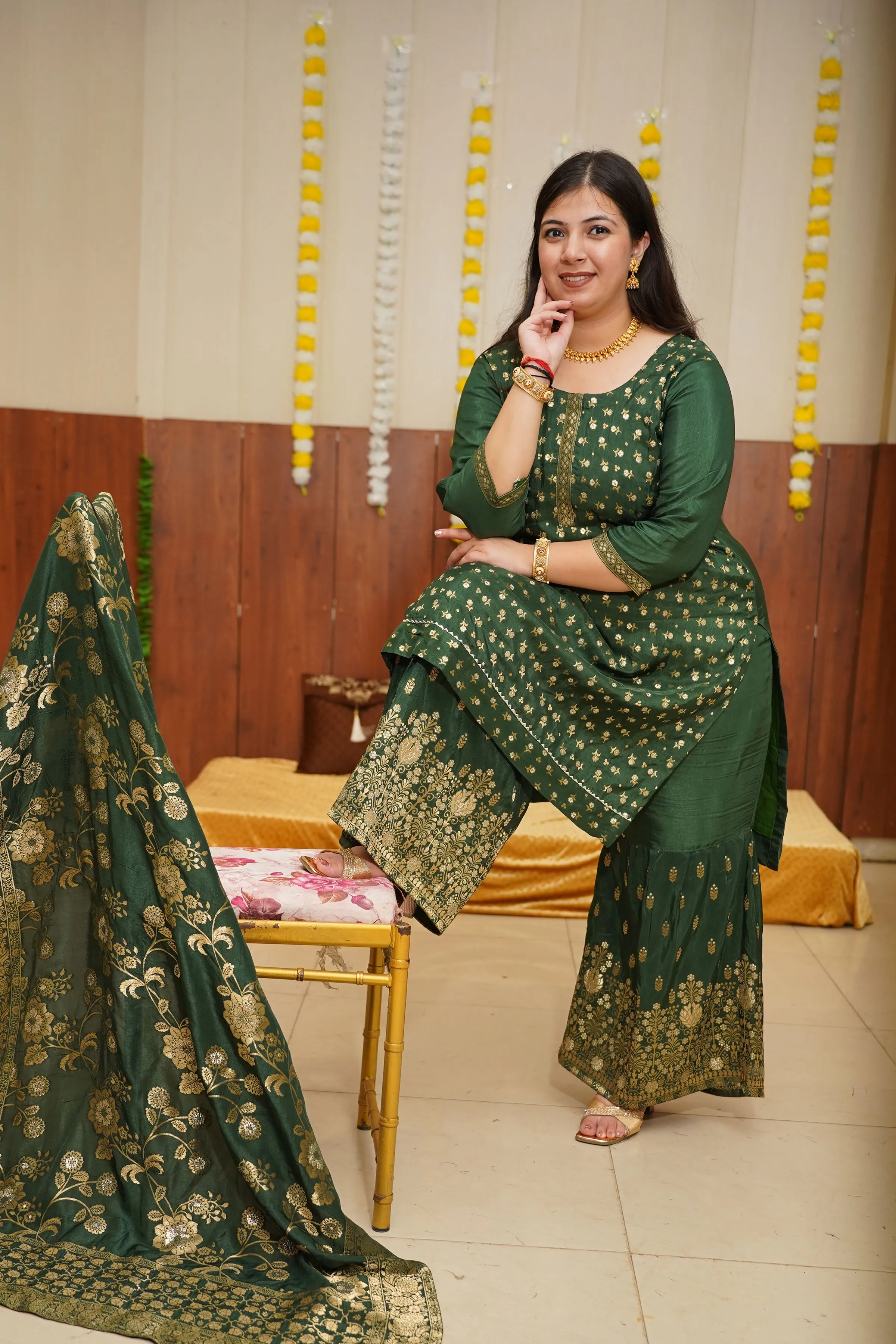 Deep Emerald Jacquard Sharara Suit