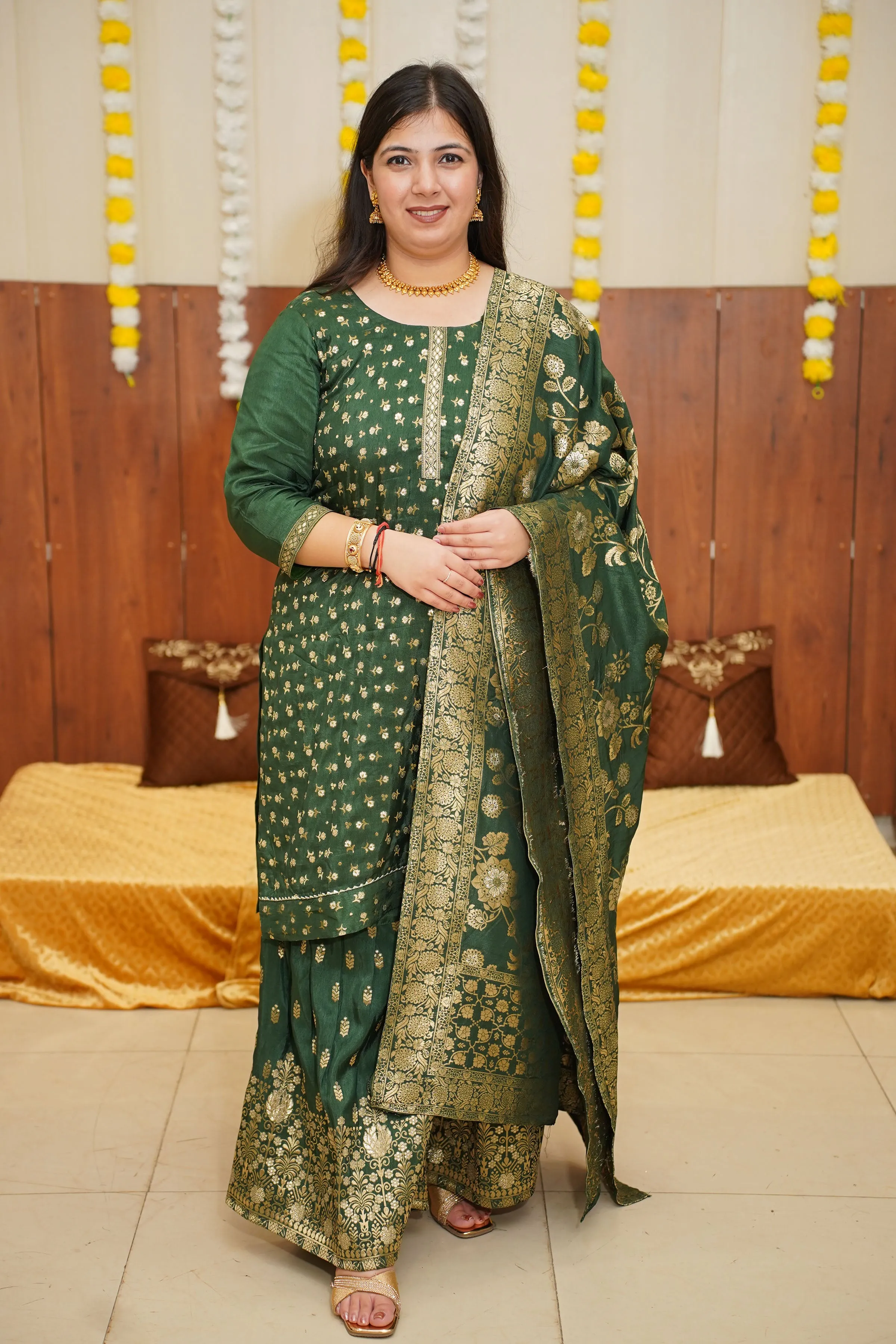 Deep Emerald Jacquard Sharara Suit