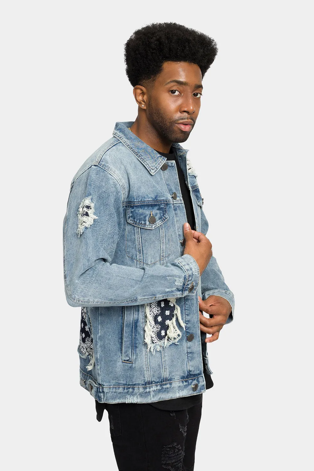 Distressed Bandana Paisley Patched Denim Jacket