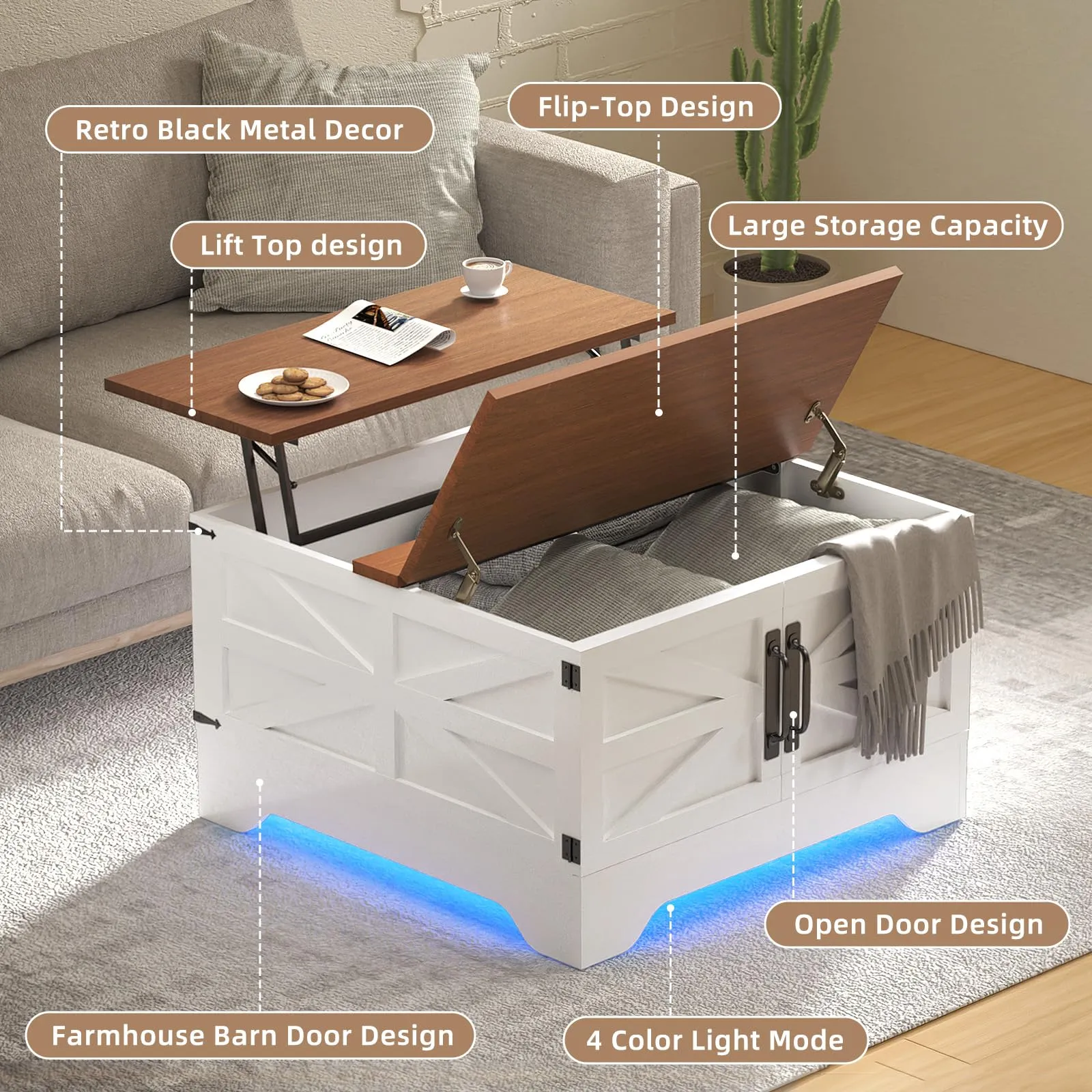 Farmhouse Coffee Table with Storage, Square Lift Top Coffee Table with LED lights