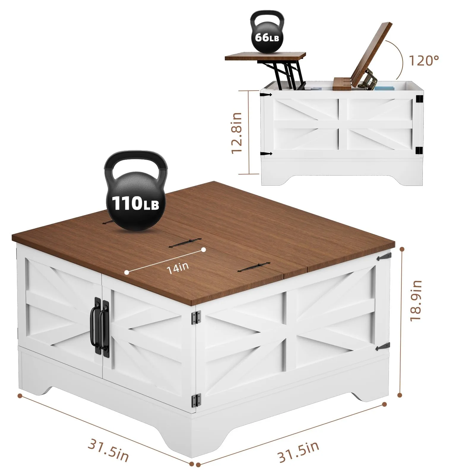 Farmhouse Coffee Table with Storage, Square Lift Top Coffee Table with LED lights