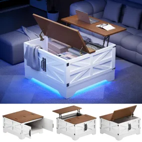 Farmhouse Coffee Table with Storage, Square Lift Top Coffee Table with LED lights