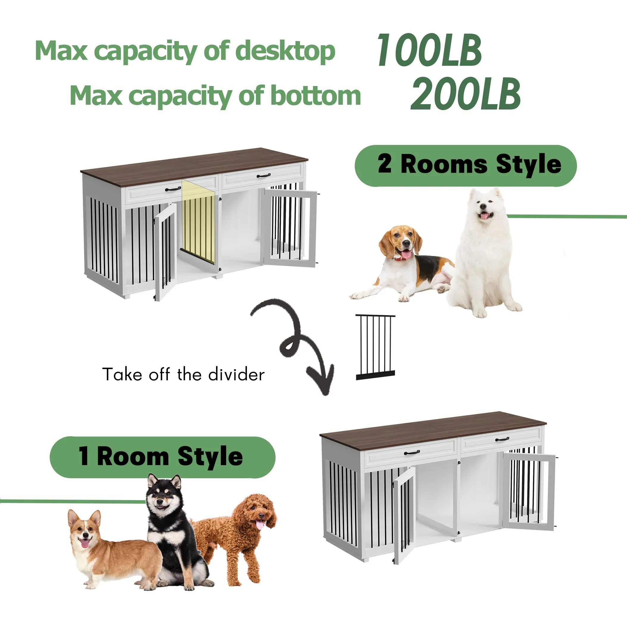 Furniture Style Dog Crate, Large Dog Kennel with Drawers & Divider,