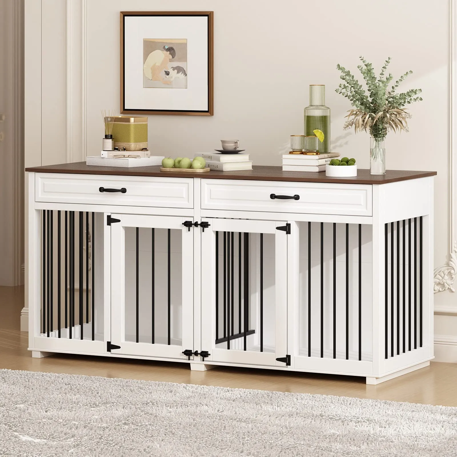 Furniture Style Dog Crate, Large Dog Kennel with Drawers & Divider,