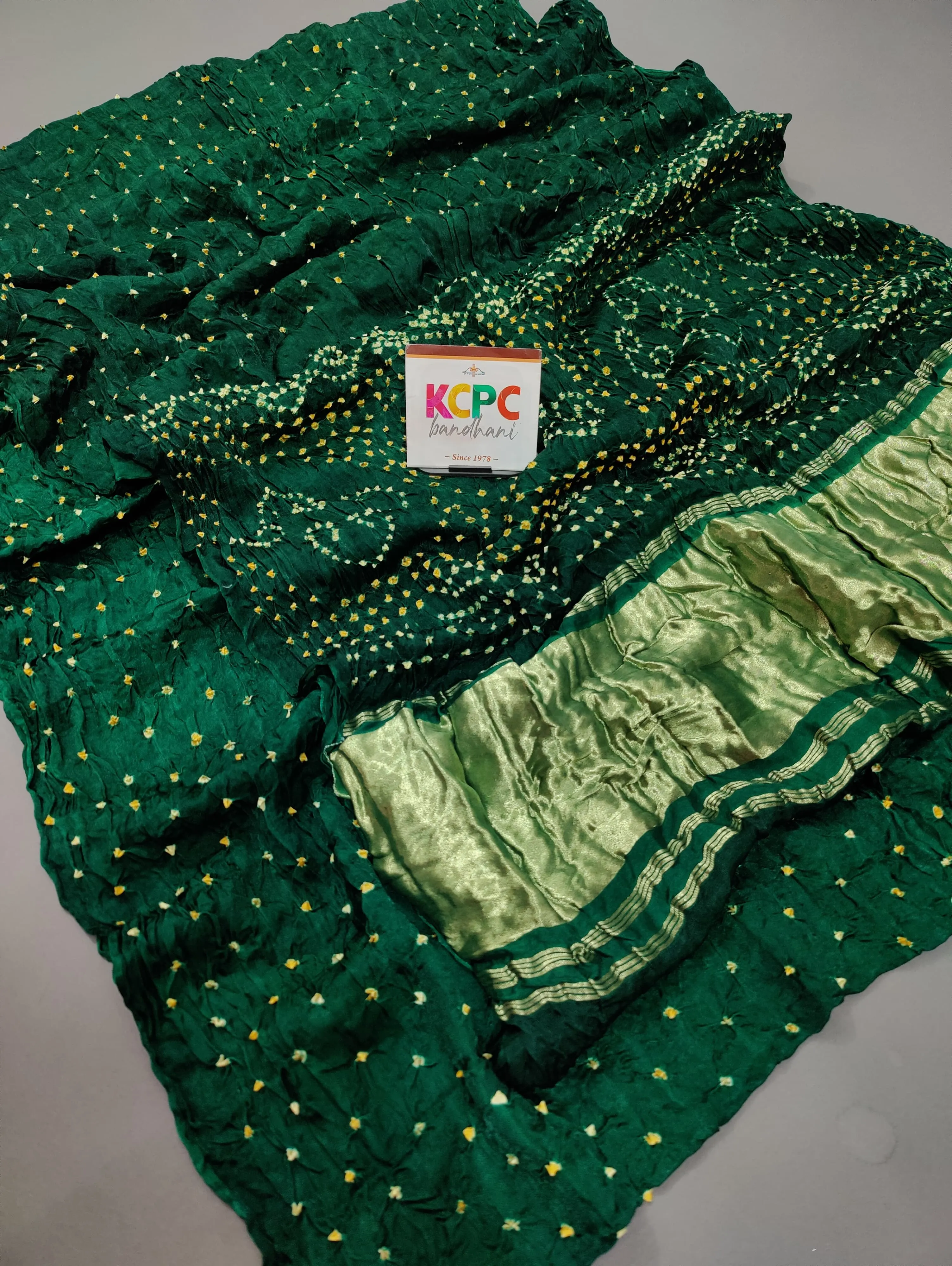 Gaji Silk Bandhani Ekdana Bandhej Saree with Lagdi Patta, NR, KCPC Bottle Green