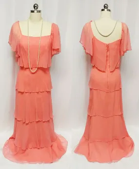 *GLAMOROUS VINTAGE '60s / '70s 5-TIER TITANIC-LOOK CHIFFON EVENING GOWN IN APRICOT