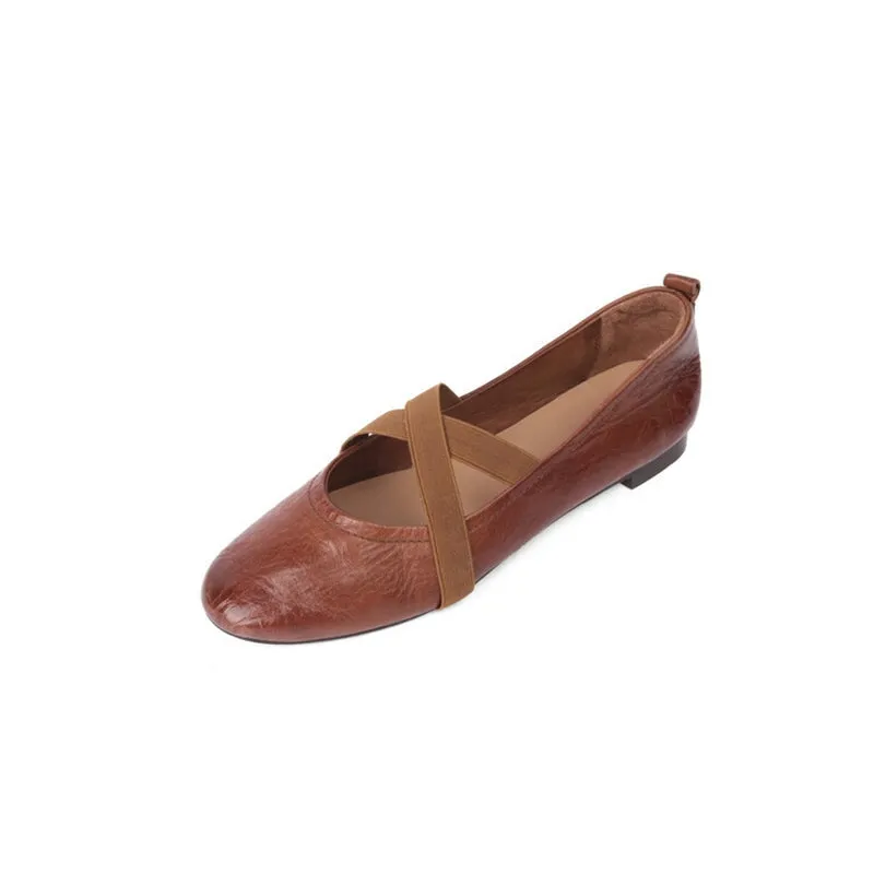 Handmade Leather Mary Jane Shoes Cross Strap Ballet Flats in Red/Black/Pink/Apricot