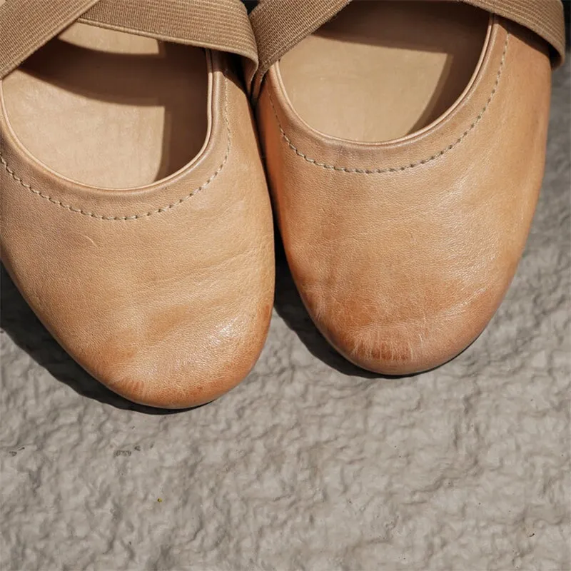 Handmade Leather Mary Jane Shoes Cross Strap Ballet Flats in Red/Black/Pink/Apricot