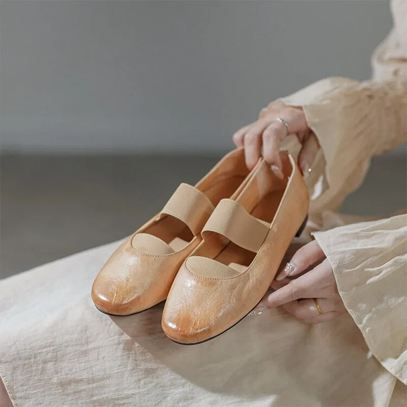 Handmade Leather Mary Jane Shoes Elastic Band Ballet Flats in Red/Black/Pink/Apricot