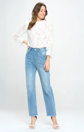 HIGH WAISTED FRAYED HEM CROPPED STRAIGHT JEANS