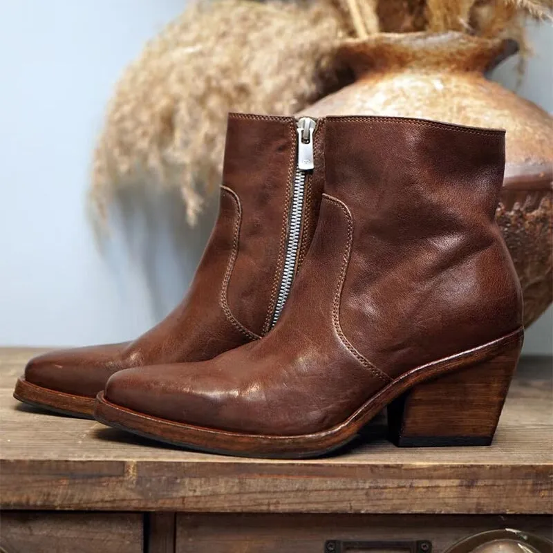 Horse Leather Western Boots Short Boots Side Zip For Women In Black/Brown/Apricot