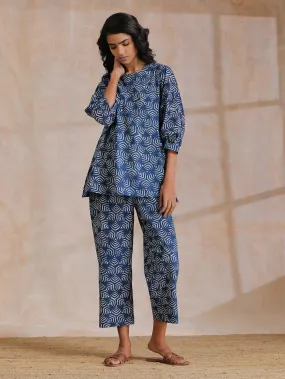 Indigo Dabu Overall Print Cotton Baggy Sleeve Co-Ord Set