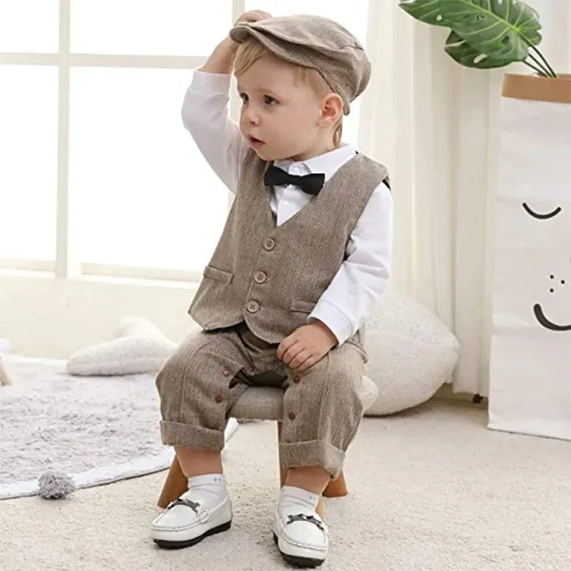 Infant Boy's Formal Cotton Romper Set with Vest and Hat