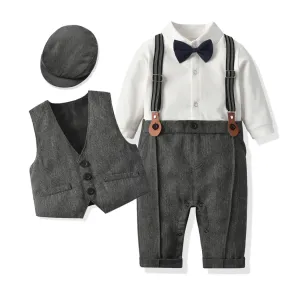 Infant Boy's Formal Cotton Romper Set with Vest and Hat