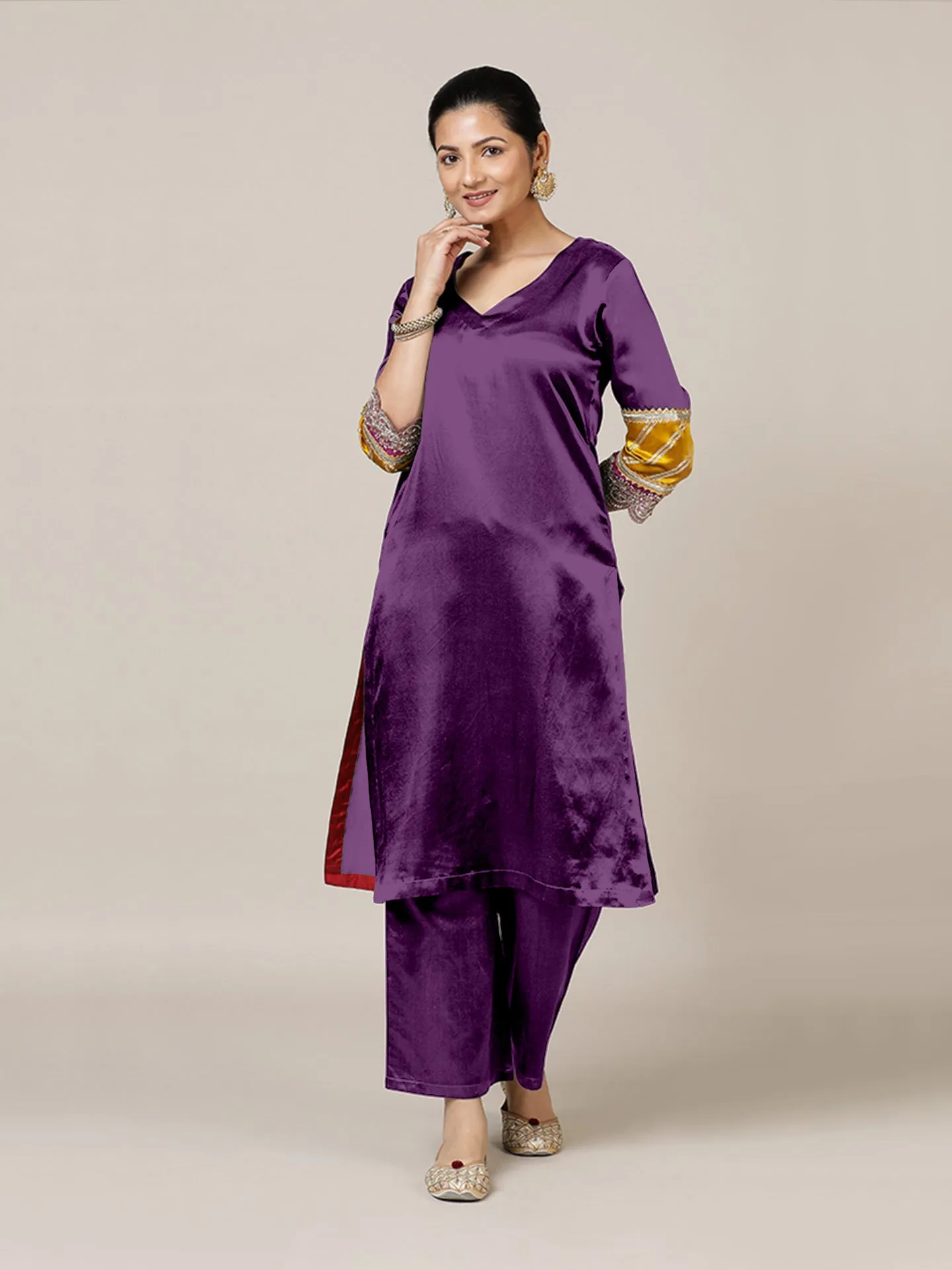 Kainaat x Tyohaar | Moonlight Purple Mashru Silk A-Line Kurta with Embroidered Sleeves | Coords or Only Kurta