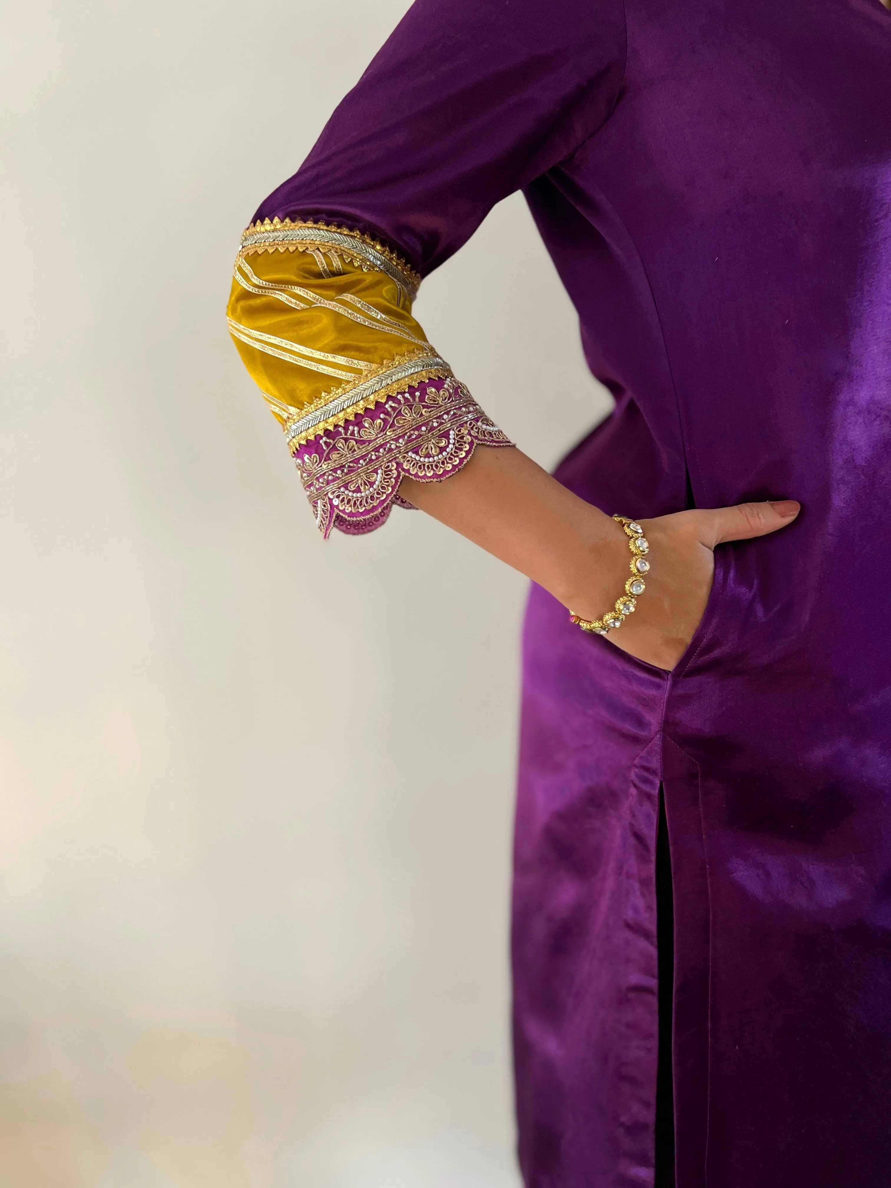 Kainaat x Tyohaar | Moonlight Purple Mashru Silk A-Line Kurta with Embroidered Sleeves | Coords or Only Kurta