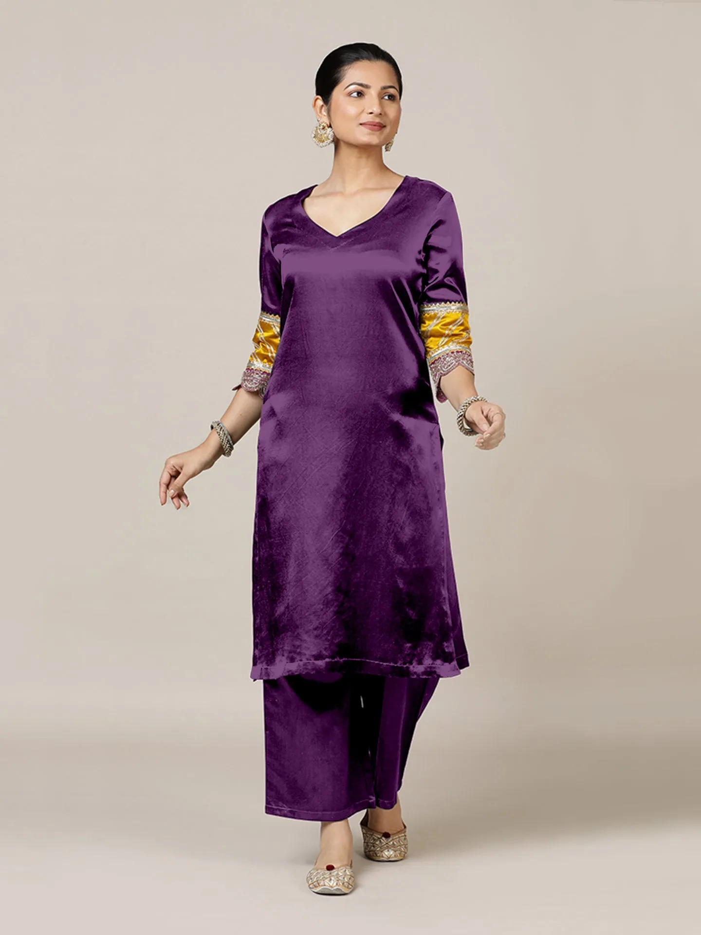 Kainaat x Tyohaar | Moonlight Purple Mashru Silk A-Line Kurta with Embroidered Sleeves | Coords or Only Kurta