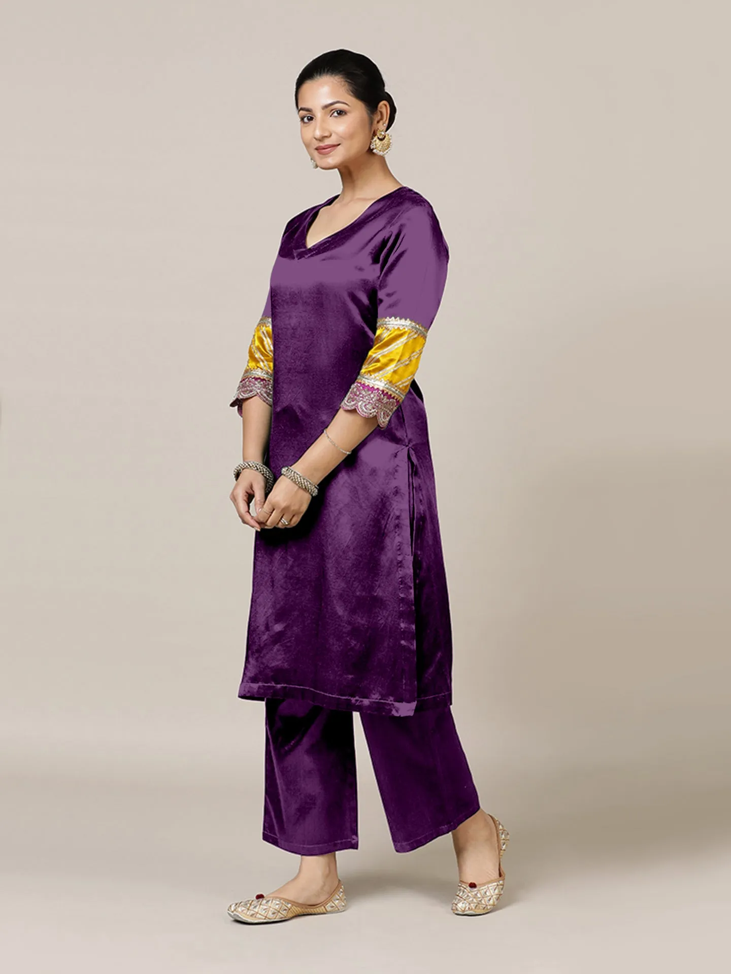 Kainaat x Tyohaar | Moonlight Purple Mashru Silk A-Line Kurta with Embroidered Sleeves | Coords or Only Kurta