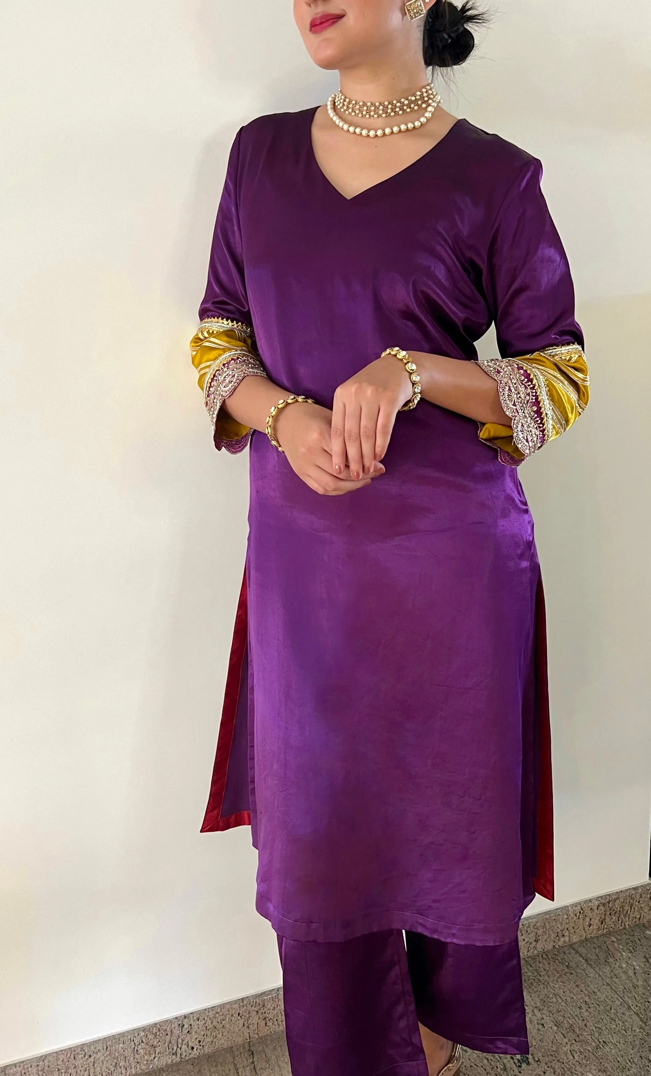 Kainaat x Tyohaar | Moonlight Purple Mashru Silk A-Line Kurta with Embroidered Sleeves | Coords or Only Kurta