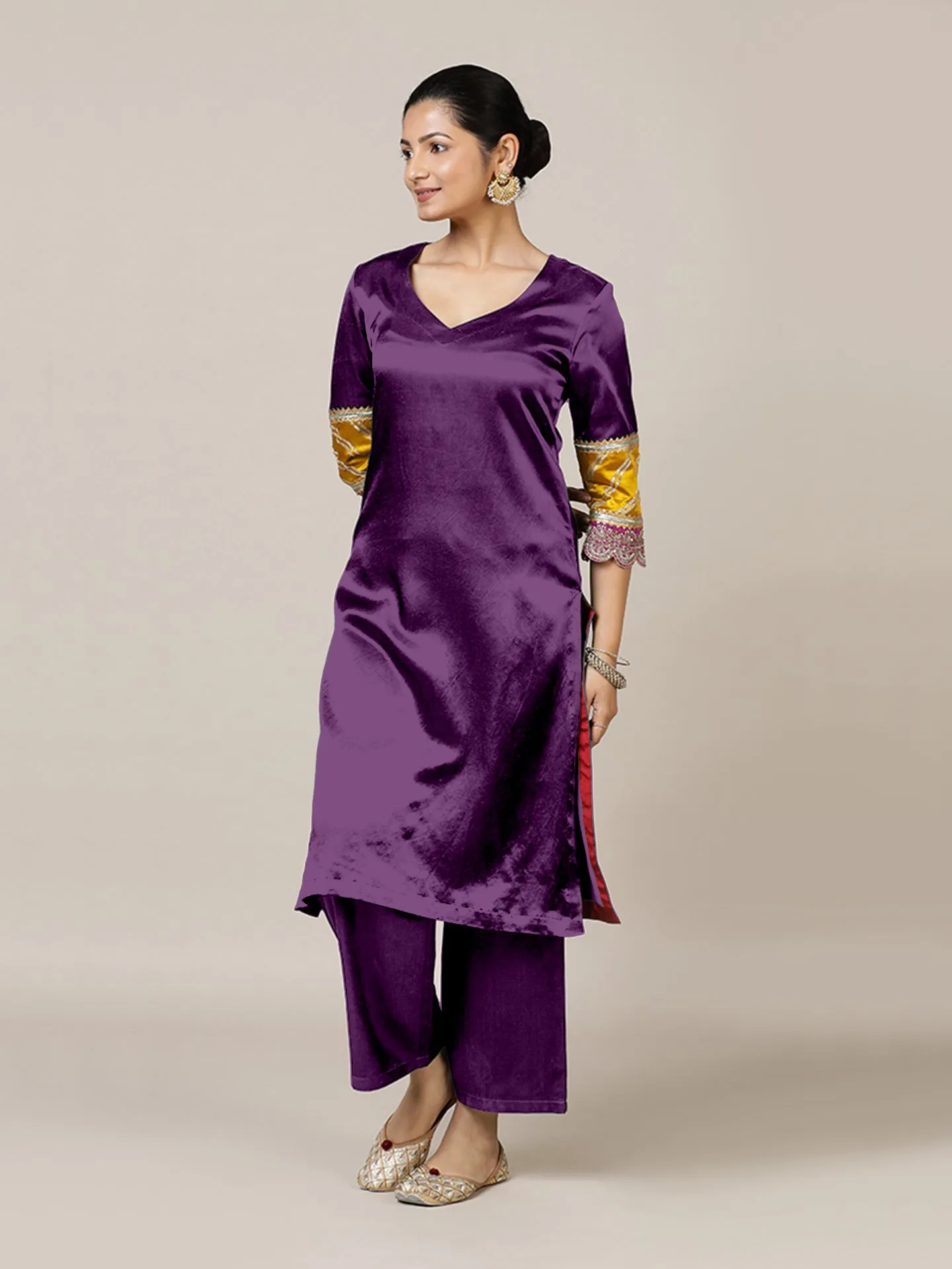 Kainaat x Tyohaar | Moonlight Purple Mashru Silk A-Line Kurta with Embroidered Sleeves | Coords or Only Kurta