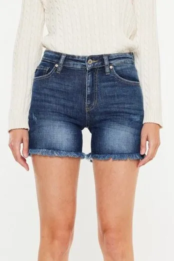 KanCan High Rise Frayed Denim Shorts- Dark Wash