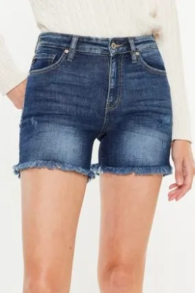 KanCan High Rise Frayed Denim Shorts- Dark Wash