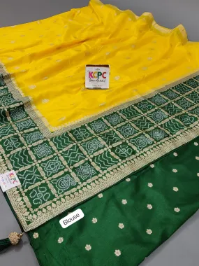 KcPc Exclusive Multicolor Bandhani Semi Gaji Silk Saree with Ghatchola Bandhej Border Yellow And Green