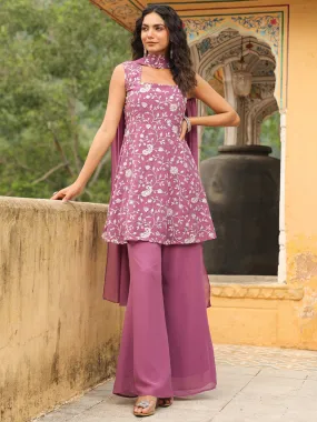 Lavender Georgette Embroidered A-Line Kurta Set