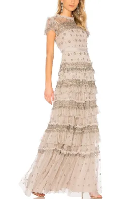 Light Grey Short Sleeves Embellished Ruffled Tiered Gown (UK 8)