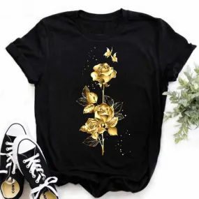 Maycaur New Fashion Gold Rose Print Women T-Shirt Harajuku Short Sleeves Tshirts Casual O-neck Top Tee Shirt Women Black T-shirt