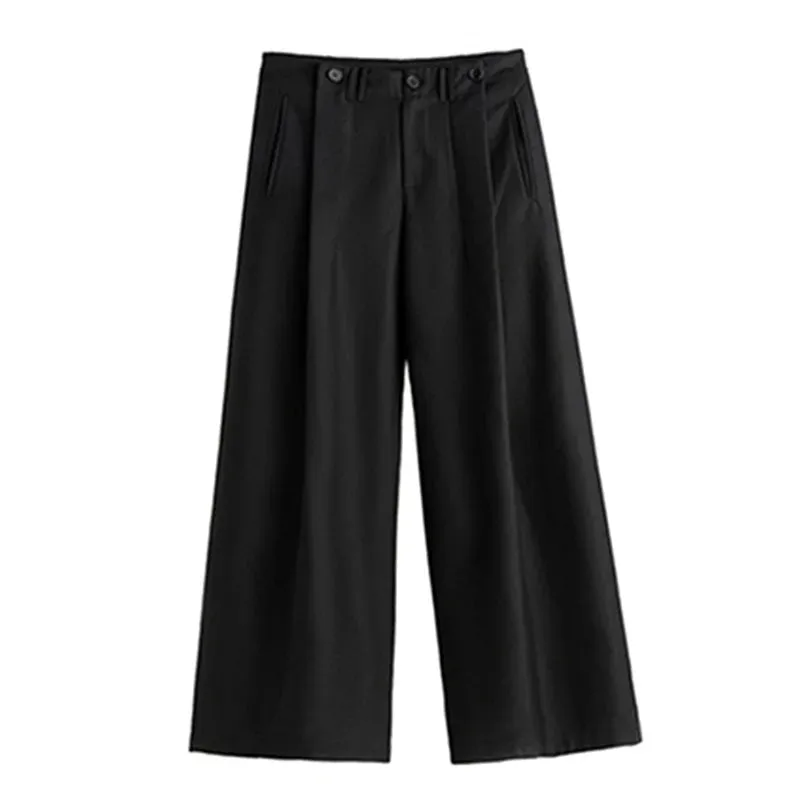 Men's Black High Streetwear Baggy Pleated Wide Leg Trousers