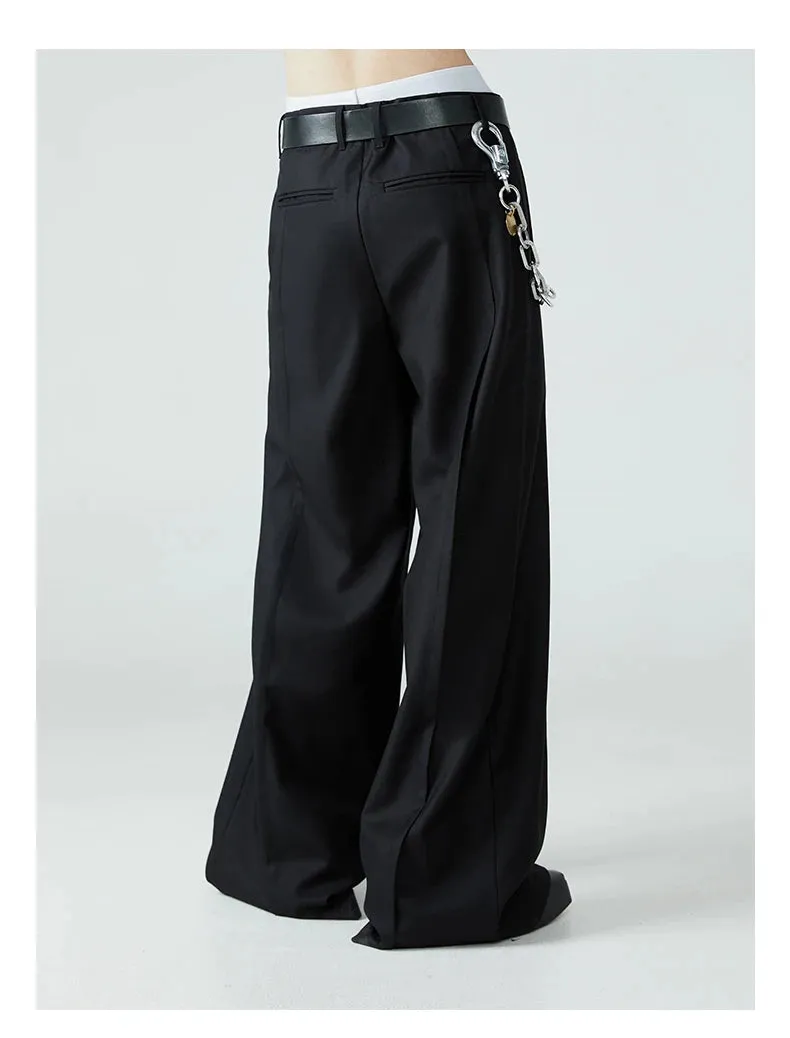 Men's Black High Streetwear Baggy Pleated Wide Leg Trousers