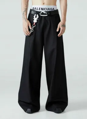 Men's Black High Streetwear Baggy Pleated Wide Leg Trousers